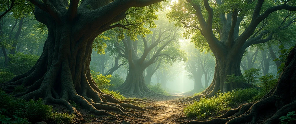 photorealistic 8k, hyper detailed, a lush african forest with no people, dense foliage, towering trees, sunlight filtering through leaves, ancient twisted roots, mysterious shadows, vibrant colors, dynamic lighting, realistic textures, intricate details, cinematic composition, awe-inspiring natural beauty, serene atmosphere, sense of wonder, enchanting landscape
