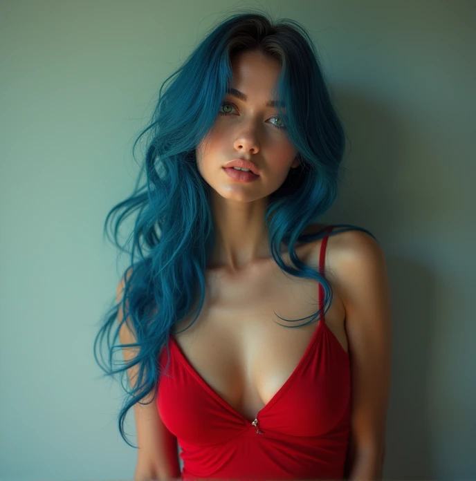 chica sexy, 20 years old, green eyes, long blue hair, model posing, red dress with a deep neckline