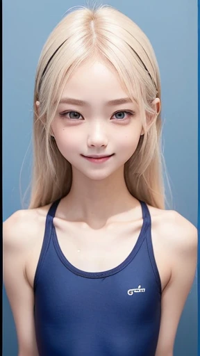 ((sfw:1.5)),((sfw:1.5)),((sfw:1.5)),((sfw:1.5)),((from4/5above:1.5)),((From head to groin:1.5)) Korean Asian r Photos、((Beautiful and cute idol girl:1.5))、Platinum Blonde Hair、11yo,((ngle eyelid：1.5 )),((Narrow small eyes:1.2))、Thin face、Thin neck、((Slim body)),((skinny):1.5),((Flat chest:1.5)),((clavicle)),((Narrow eyes：1.5))、(Thin arms)、(Thin neck)、（Thin lips）、A small smile、Thin arms、(Dark blue school swimsuit:1.5）,((beautifulr detail eye:1.5)),((littlesmile)),((Awaken to love：1.3))、nomake,(A happy and joyful expression)、