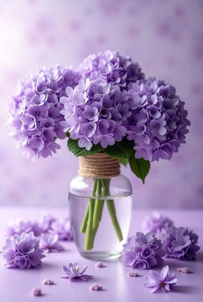 This image is、Purpleのあじさいの花が美しく飾られたガラスの瓶を示しています。The bottle is wrapped with hemp string.、It creates a natural atmosphere。花は淡いPurpleで、Some flowers are open。Flowers are also placed around the toilet.。The background has a faint hue。Purple。Fantasy。