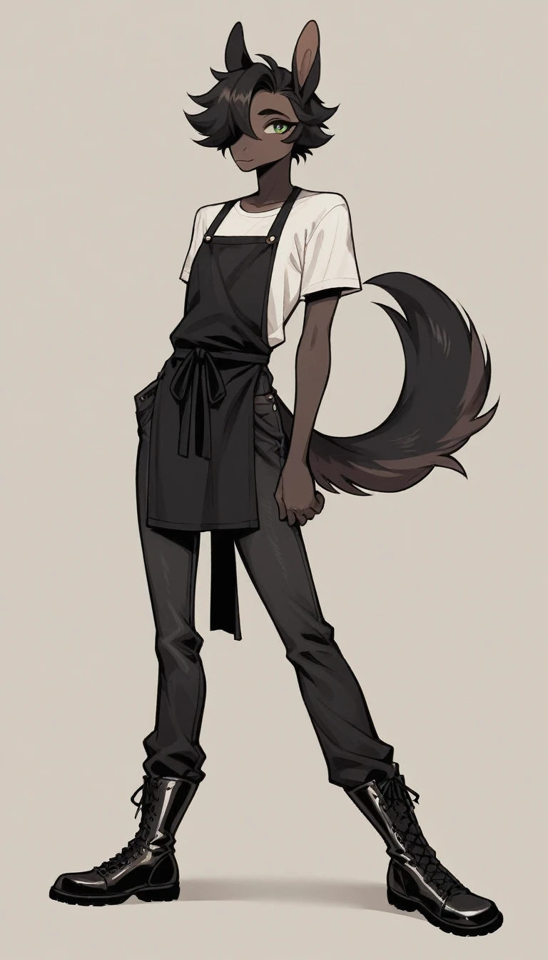 Best quality, Super detailed illustration, (Anthro Fluffy Horse Boy:1,7), (black fur:1,5)baggy trousers, leather boots, black apron, baggy old shirt ,Tousled luxuriant hair, cheeky look, a femboy, slim, perfect body