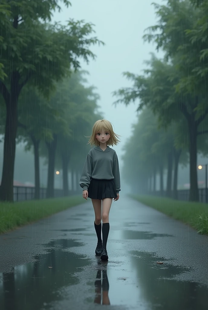 clear, the blonde girl with light brown eyes dressed in a short gray blouse and black pants, walks alone on a deserted road after the storm. floor is wet, with puddles of water reflecting the gray sky, and the trees beside the road still drip with the recent rain. clear veste seu uniforme escolar, and his expression is introspective and thoughtful, as if reflecting on something important, disney pixar style.