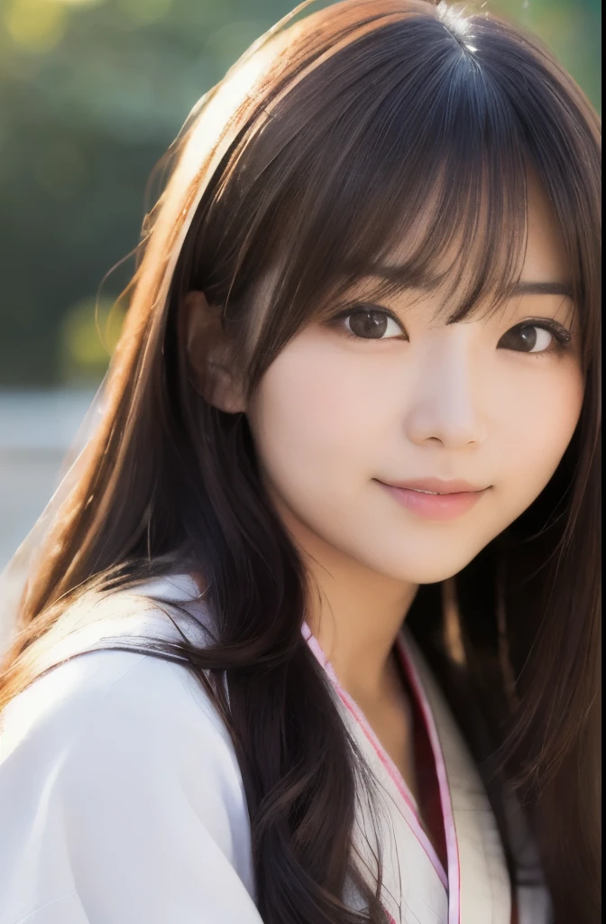 best quality, face focus, soft light, ultra high res, (photorealistic:1.4), RAW photo,(Shinozaki Ai), (fair skin), (kawaii),
1 Japanese girl, solo, cute, smile, (pupil, lights in the eyes), detailed beautiful face, Medium-sized breasts,(high resolution detail of human skin texture),(long hair),(portrait), upper body, white traditional kimono