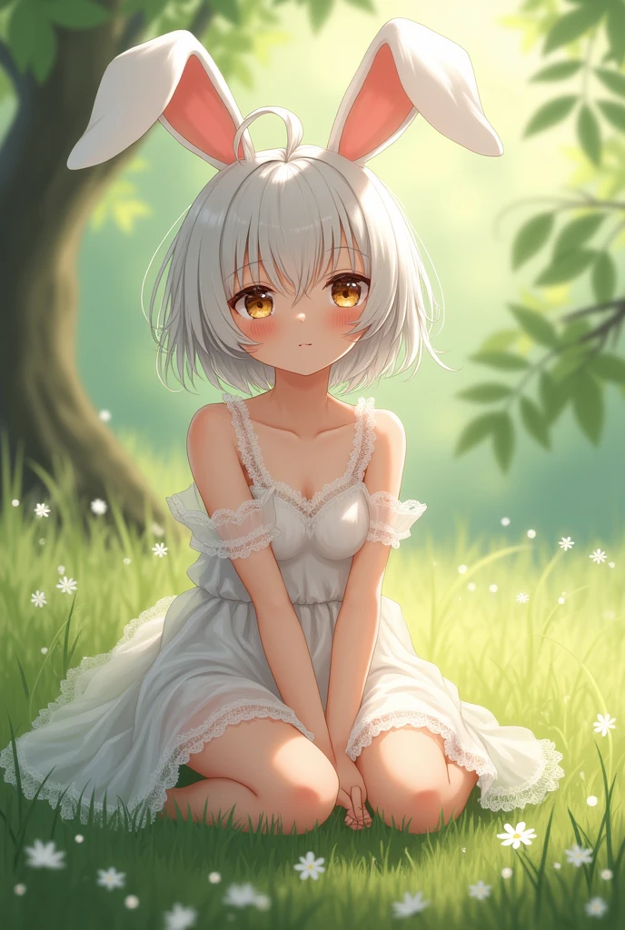 ((masterpiece,best quality)),1girl, white hair, small, short, solo, animal ears, rabbit, barefoot, knees up, dress, sitting, rabbit ears, short sleeves, looking at viewer, grass, short hair, smile, puffy sleeves, outdoors, puffy short sleeves, bangs, on ground, full body, animal, white dress, sunlight, brown eyes, dappled sunlight, day, depth of field, visible nipples, visible pussy, transparent clothes