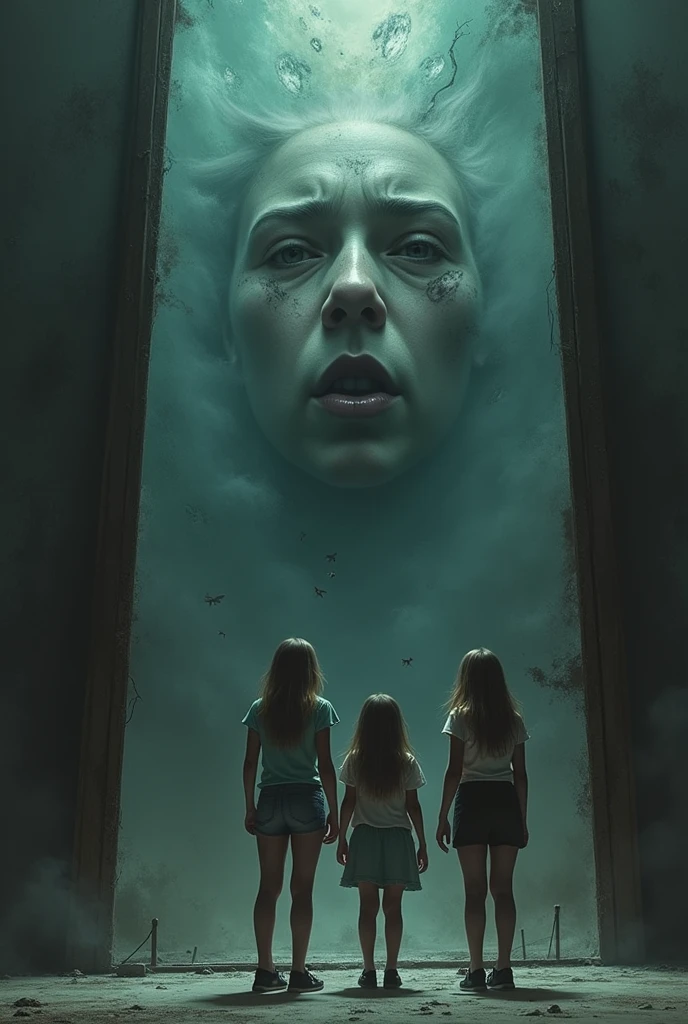 Two girls and a boy stand in front of a giant mirror that shows their fears and anxieties from one side to the other.