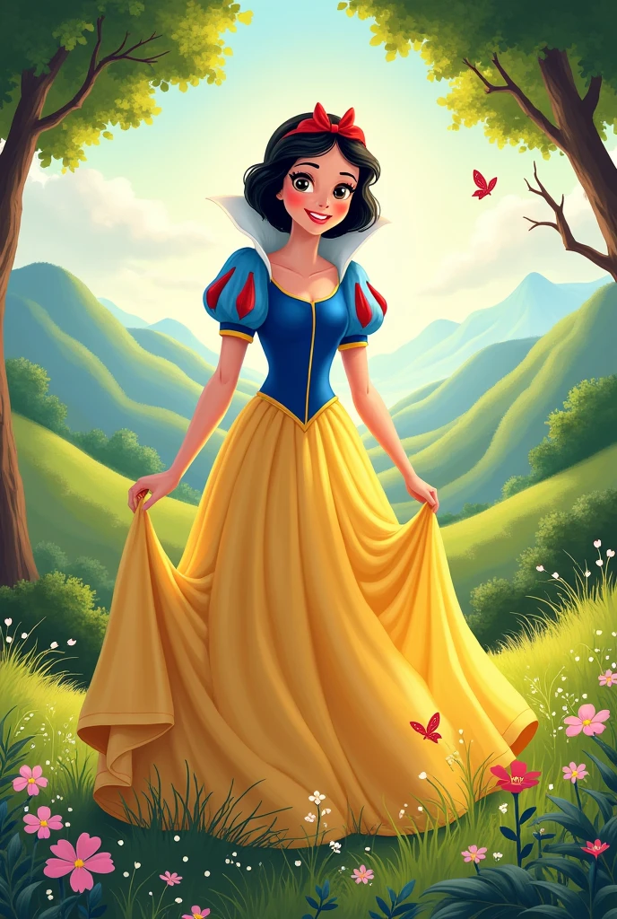 Create Snow White enjoying a charismatic and green sunny landscape with her original dress, Now create the image but with drawing style 