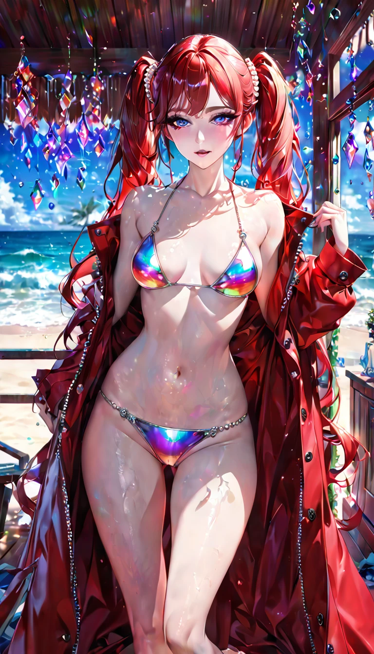 Intelligent beauty, red messy wavy twin-tails, (attractive and seductive) and (amorous and lewd) expression, make-up, glamorous proportions, wearing unbuttoned red long coat, bikini made of pearl platinum crystal beads, background beach cottage, (ultra detailed, absolutely resolution, best quality:1.3), 2.5D, delicate and dynamic effects, iridescent effects, artistic, hyper, graphic CG digital art