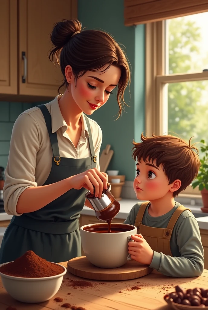 Make a realistic image with the following described:
A woman is mixing chocolate and at the same time on a table she has a large cup of chocolate that she serves to a boy who takes the chocolate and savors it..