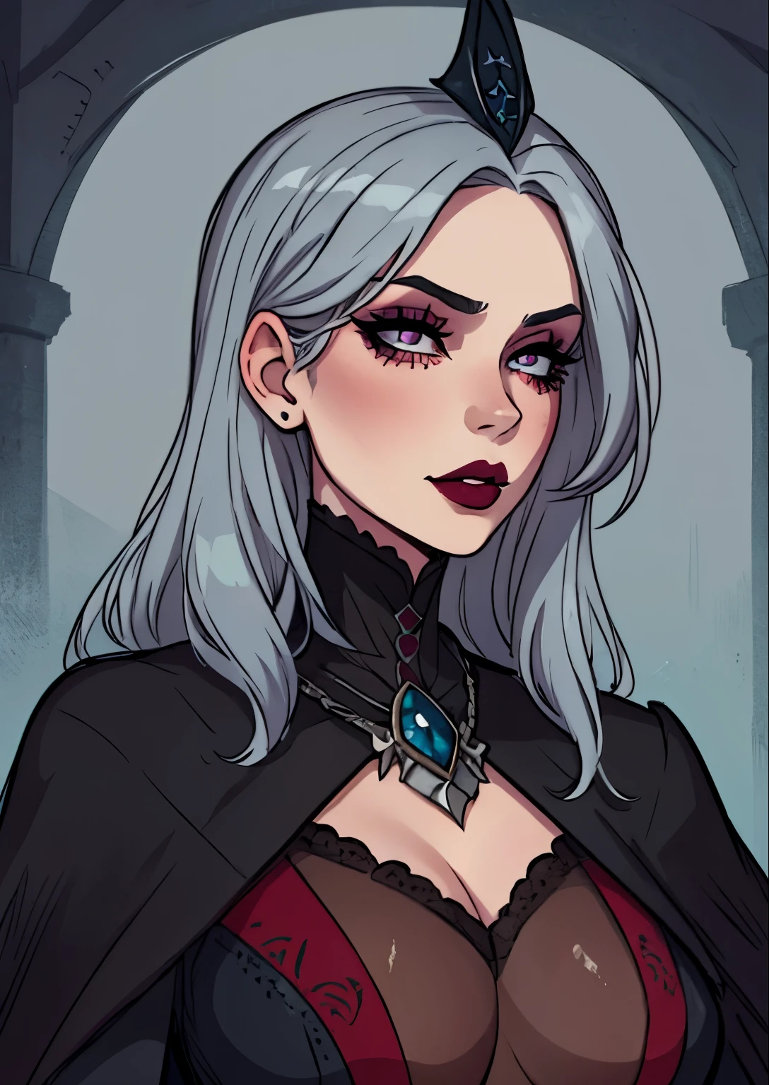 malsterpiece, best quality, 1female, beautiful, face portrait, deep dark makeup, lipstick, face focus, 1girl, goth, victorian, ladyMaria, gray hair