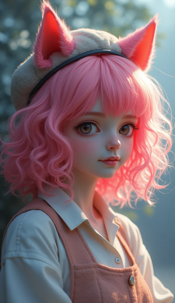 fake Animal ears, A light smile, Redness in the ears, tooth, Pink Hair, bangs, Curly Hair, Side braid, Hello, beret, Animal ears, Cat ear, Surrealism, Cast a Shadow, Anaglyph, Stereogram, tachi-e, throw, Atmospheric perspective, 8k, Super Detail, Accurate, Highest quality