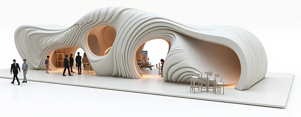 I am an architect and I have to design an organically shaped exhibition stand that is in the style of the image, Can you give me examples of similar designs?
