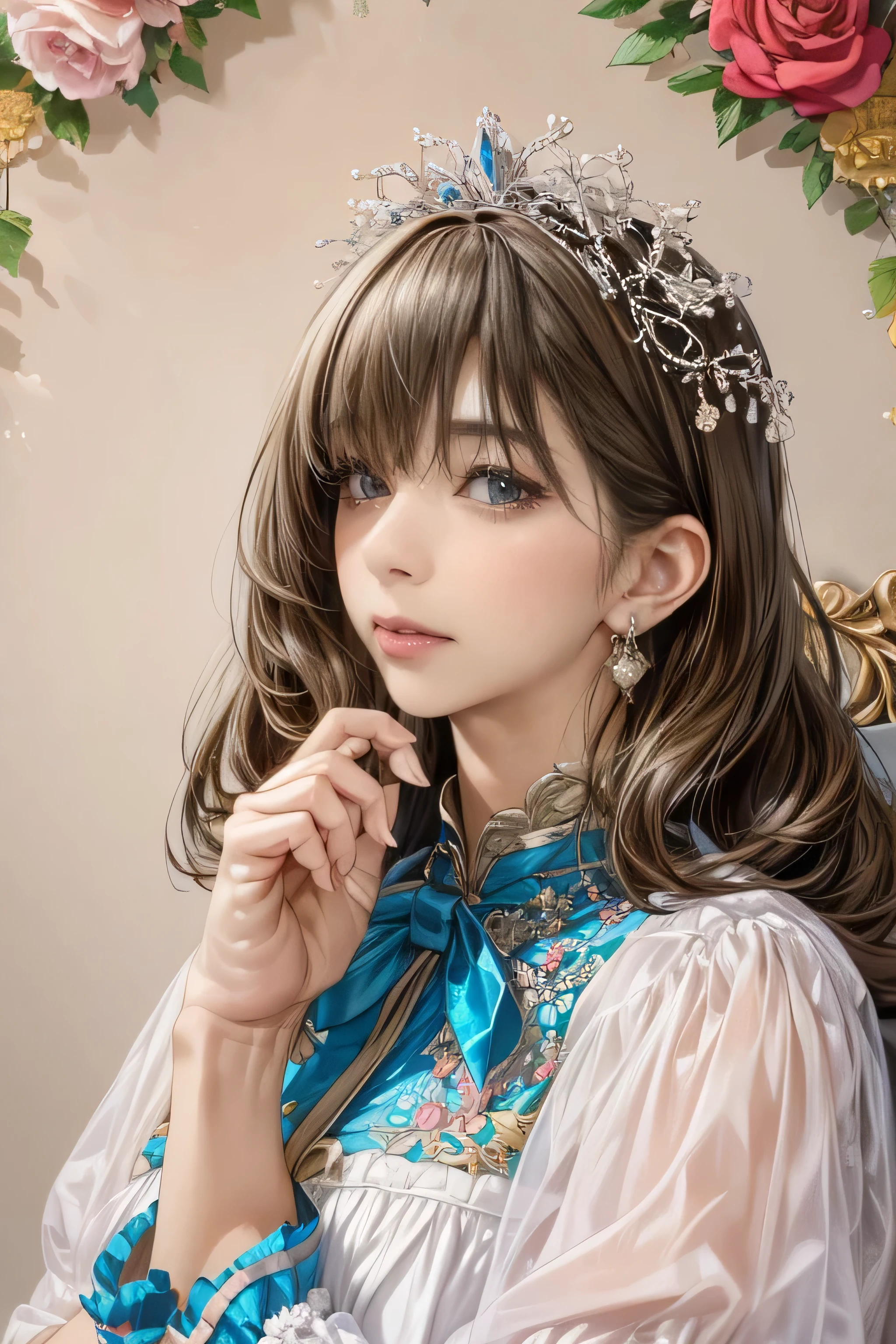 (Highest quality:1.4,masterpiece:1.4),Ultra-high resolution,8k,CG,Exquisite,Upper Body,,Thumb Girl, Princess,Taffeta coat dress,Floral Background,Detailed facial features,long flowing hair,Almond Eye,Exquisiteアイメイク,Long, fluttering eyelashes,Sparkling eyes and starry sky gaze,Delicate lip detail,Soft and harmonious style.