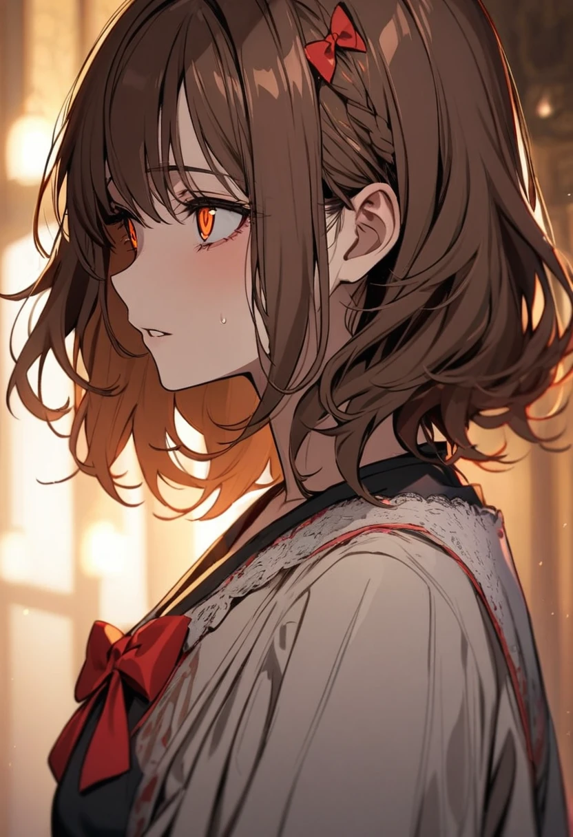 girl, medium hair, brown hair, orange eyes, red bow on hair, yandere, beautiful, adult, european, half eyes, side view
