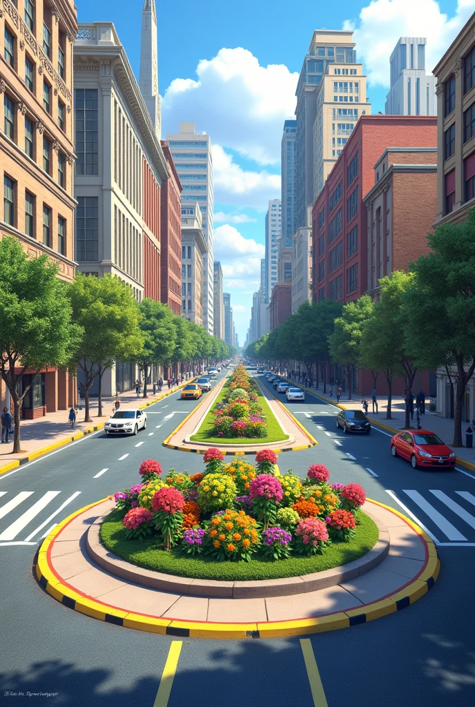 An intersection on streets with irregular roads with a flowerbed in the center, several buildings with different architecture, garden with colorful flowers, lighting In and modern traffic light