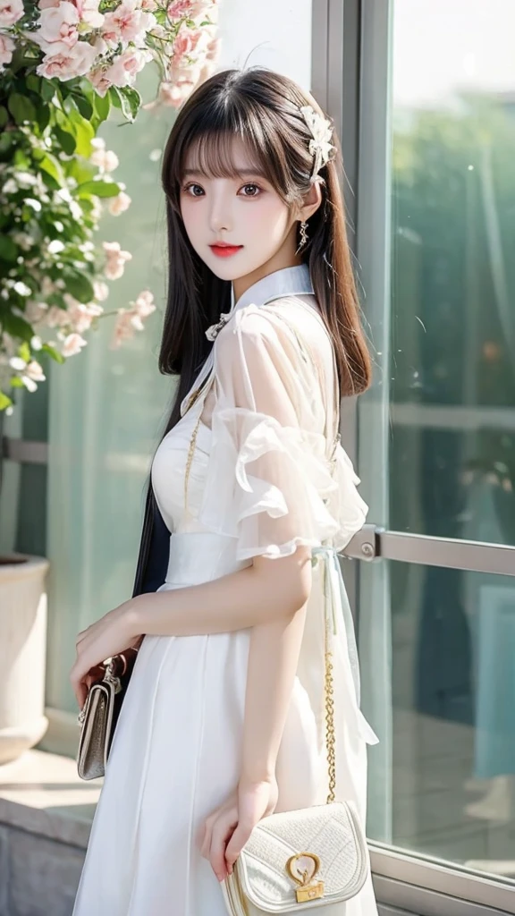 a close up of a woman wearing a white dress and a black purse, beautiful south korean woman, gorgeous young korean woman, korean girl, beautiful young korean woman, gorgeous chinese model, beautiful asian girl, korean woman, lovely woman, chinese girl, a beautiful young woman, cute elegant pose, lovely delicate face, very beautiful girl, young adorable korean face, ulzzang