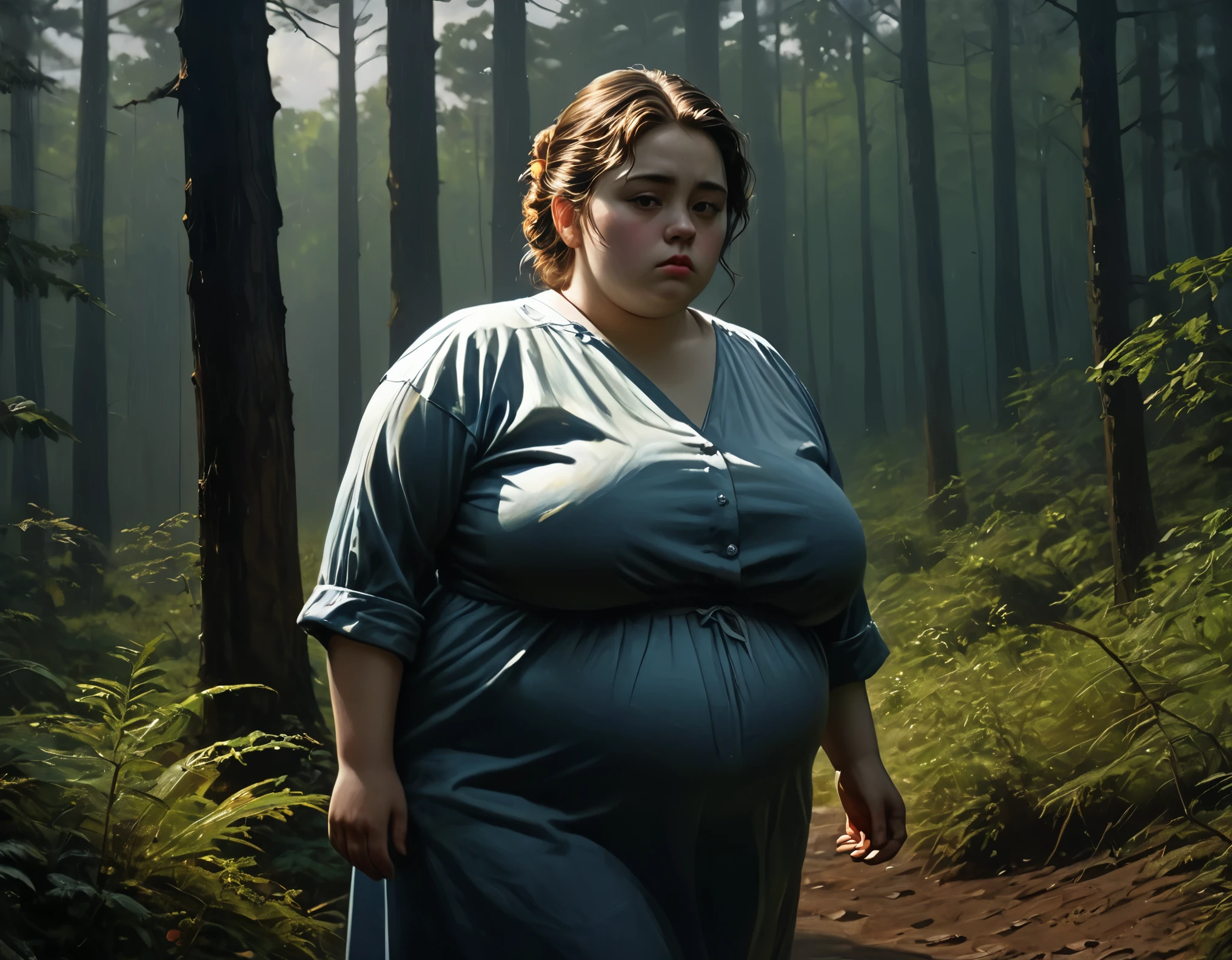 (1 girl) (masterpiece, best quality) ((the chubby camp councilor is sad she wont see you until next year)) , , , (stormy dark sky, sunset, raining) (beautiful forest background)
((Melancholy emotions:1.4)), ((realistic oil painting)) art by norman Rockwell, ((heavy, huge, full chest)) (safe for work:1.3), (dynamic angle), (dynamic pose), ((realistic anime style)) ((full body picture))
