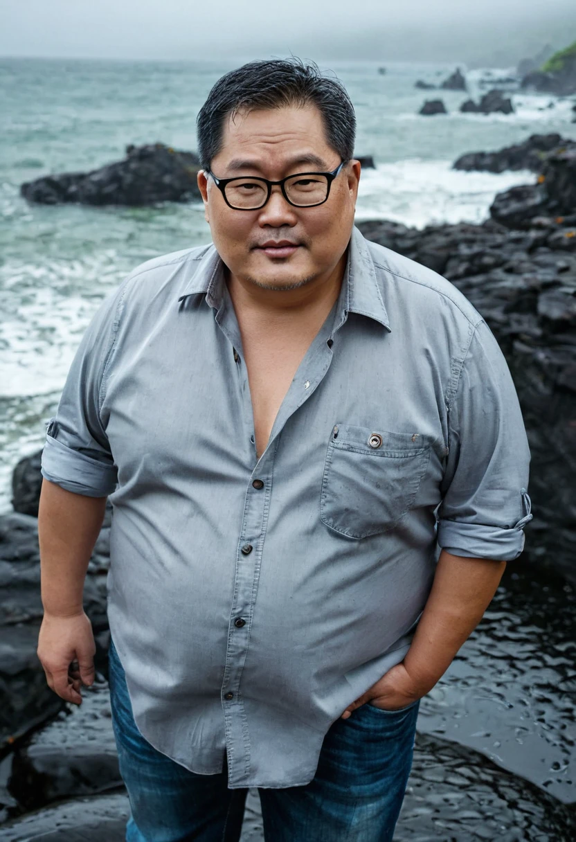 Man, Asian, 50 years old, Fat, Chubby, wearing glasses, wearing an unbuttoned shirt, light grey shirt, wear jeans, standing on rocks, beach, Wet, Raining, sharp image, Top view.