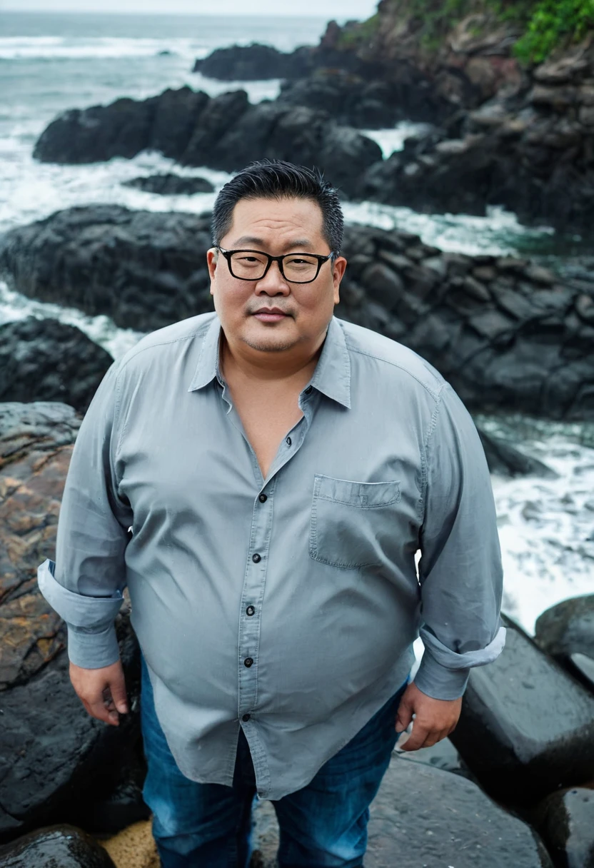 Man, Asian, 50 years old, Fat, Chubby, wearing glasses, wearing an unbuttoned shirt, light grey shirt, wear jeans, standing on rocks, beach, Wet, Raining, sharp image, Top view.