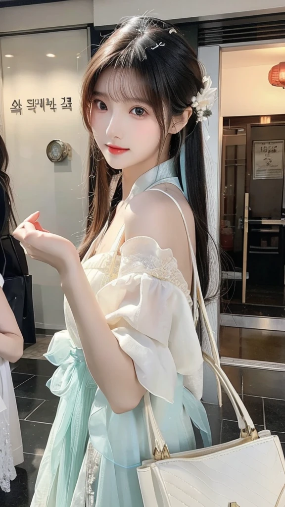 a close up of a woman wearing a white dress and a black purse, beautiful south korean woman, gorgeous young korean woman, korean girl, beautiful young korean woman, gorgeous chinese model, beautiful asian girl, korean woman, lovely woman, chinese girl, a beautiful young woman, cute elegant pose, lovely delicate face, very beautiful girl, young adorable korean face, ulzzang