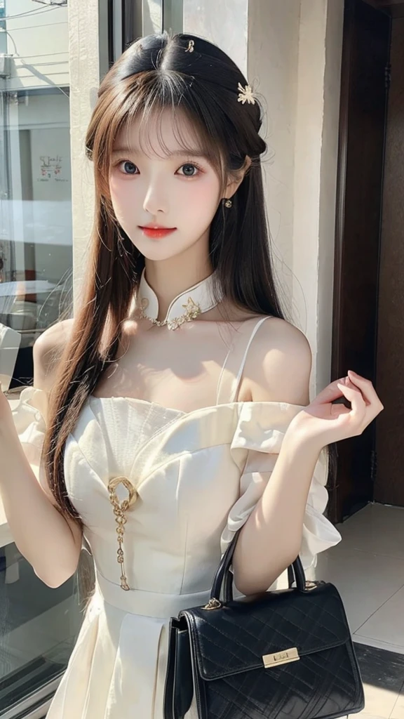 a close up of a woman wearing a white dress and a black purse, beautiful south korean woman, gorgeous young korean woman, korean girl, beautiful young korean woman, gorgeous chinese model, beautiful asian girl, korean woman, lovely woman, chinese girl, a beautiful young woman, cute elegant pose, lovely delicate face, very beautiful girl, young adorable korean face, ulzzang