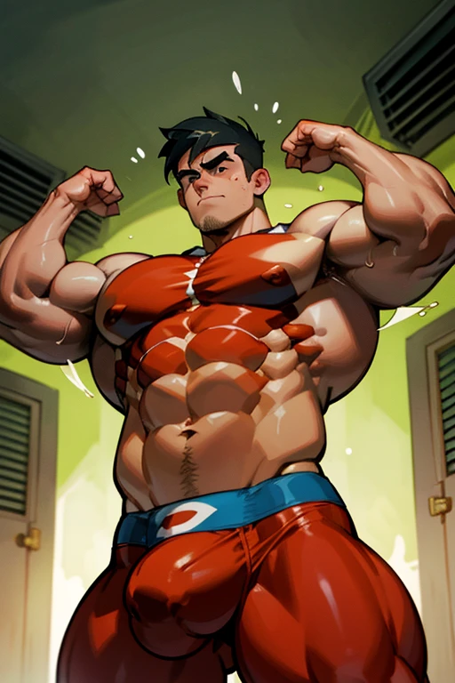 Danny Fenton from Danny Phantom animated series as a big dumb teenage muscular bodybuilder jock in a locker room flexing and staring blankly with mouth gaping open as his eyes glow under hypnosis as he repeats, "Bigger... Dumber.... Must obey.... More like a jock bro every day.... Yes, Coach. I obey. Huhuhuhuh.... Sweaty brutes must obey.... Sweaty brutes do what you say.... Big ... sweaty ... musky jock bro.... The muscles must grow. The old smarts must go...." in deep mindless emotionless voice with fellow hypnotized jocks to forget about catching ghosts and focus instead on training his body and obeying his coach. Mouth dropped open. Hyper swollen bulging crotch. Hyper muscles. Toned muscles. 5% body fat. Steam rising from armpits and shoulders. Big biceps. Big triceps. Broad shoulders. Big traps. Big lats. Big meaty pecs. Massive deltoids. Six-pack abs. Spherical glutes. Brainwashing. Hypnosis. Hypnotized. Bro. IQ drain. Dumber and dumber. Meathead. Musclehead. Mindless. Hypno. Mind control. Brain drain. Entranced. Brute. Brutification. Brain drain. brainwashed. brainwash. Meathead jock bro assimilation. Mindless. Brainless. Empty stare. Hairy pecs. Hairy armpits. Treasure trail.