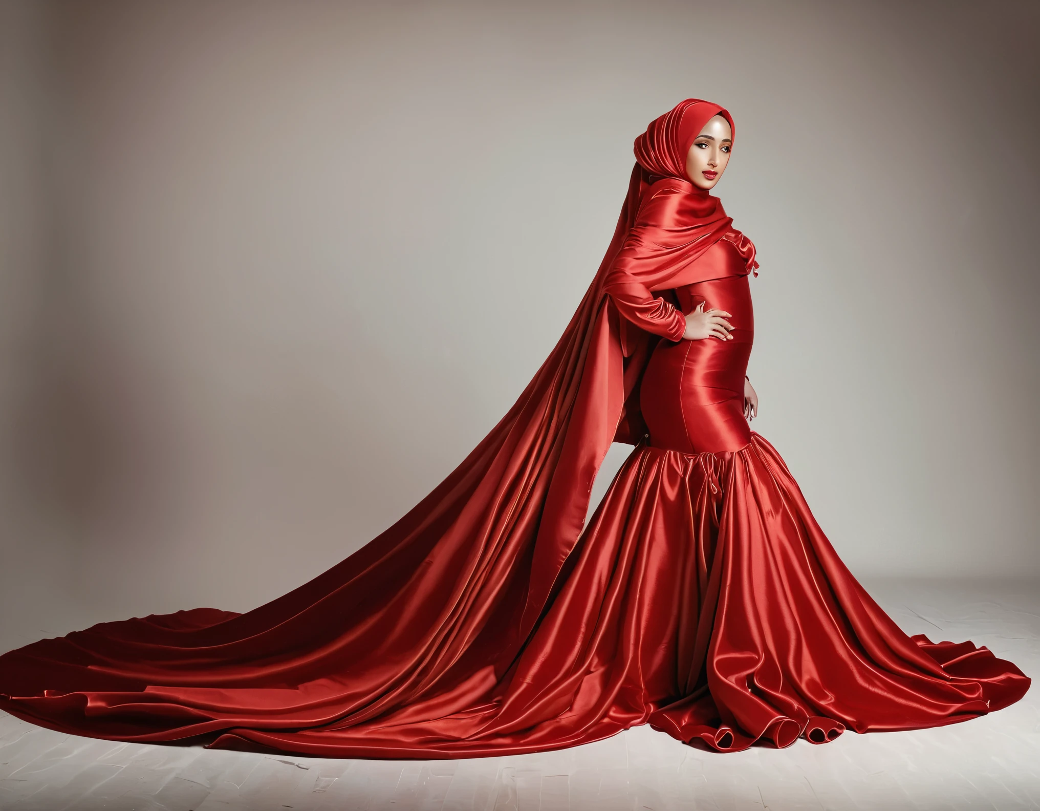 A woman shrouded in a 10-meter-long, plush red satin cloth, tightly bound and grandly draping along the form of her body, flowing off into a pooled floor-length train, styled in a mermaid-inspired outfit, her head modestly veiled in a satin hijab, tall woman, in photo studio, a full-body pose conveying a sense of elegance, captured in a 4k resolution, ultra-realistic