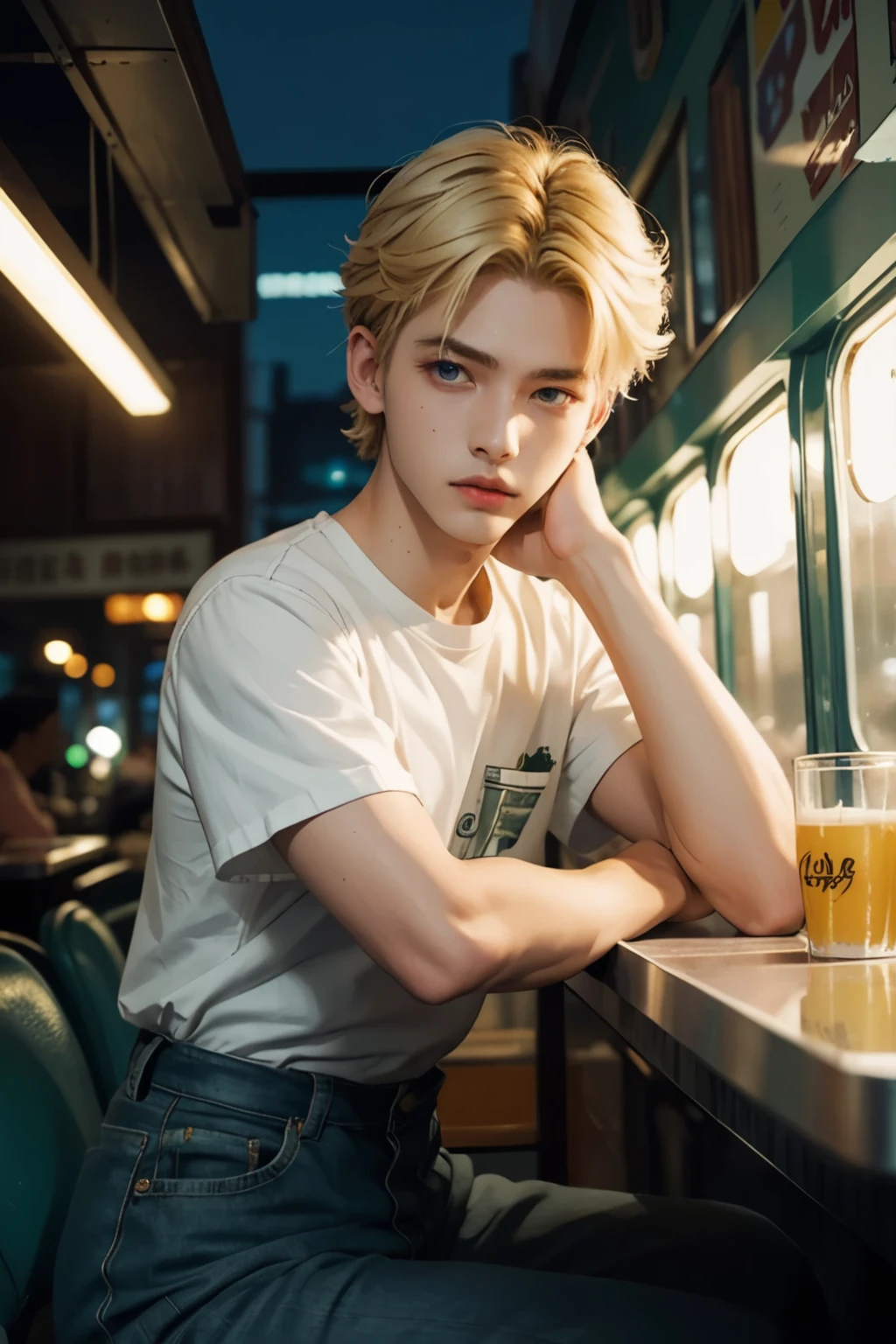 blond haired boy sitting at a table with a glass of beer, cai xukun, blonde boy with yellow eyes, beautiful androgynous prince, delicate androgynous prince, attractive androgynous humanoid, young blonde boy fantasy thief, inspired by Yanjun Cheng, male ulzzang, high quality portrait, jung jaehyun, aesthetic portrait, anime. soft lighting realisian taehyung off bts