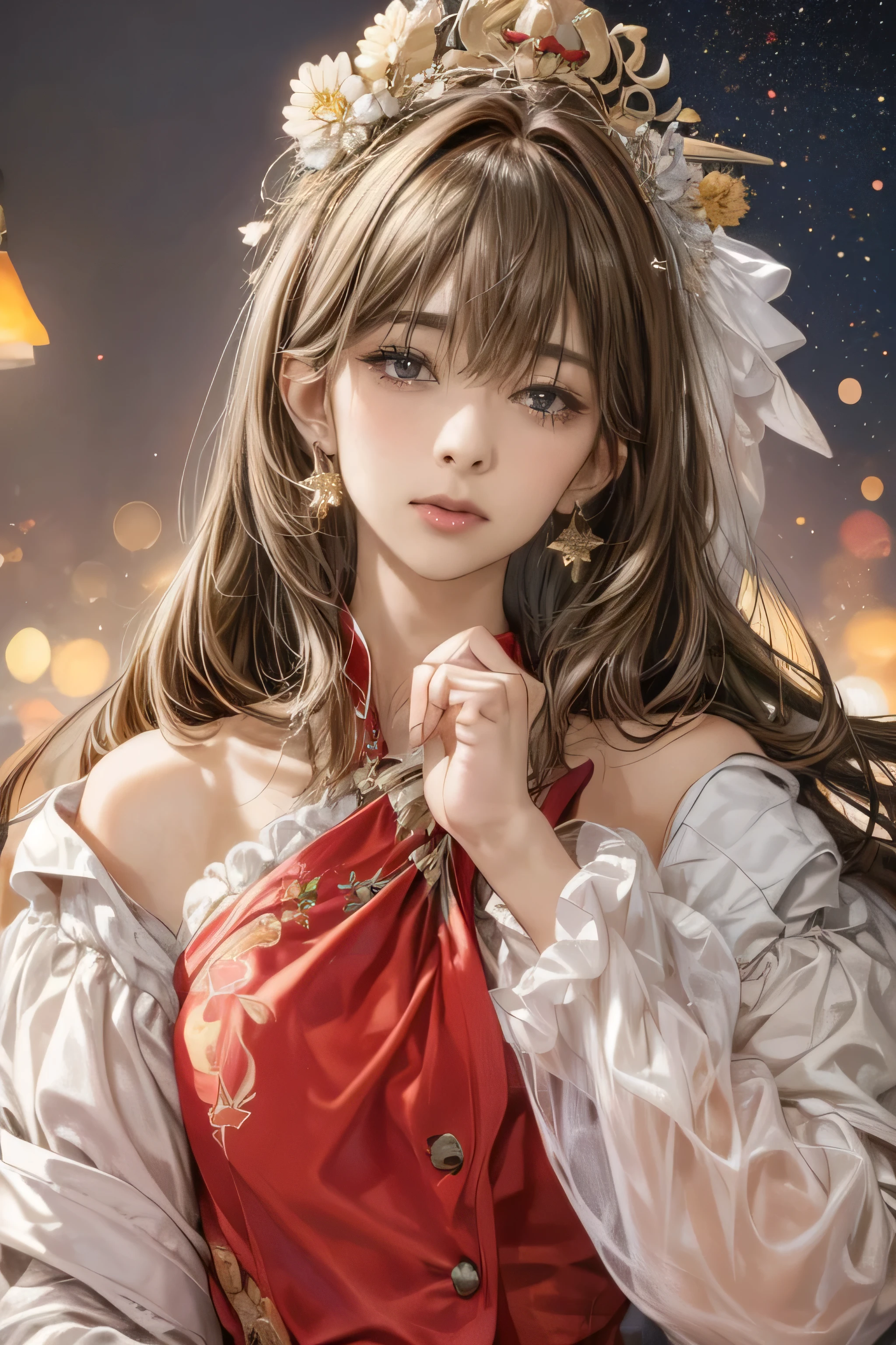 (Highest quality:1.4,masterpiece:1.4),Ultra-high resolution,8k,CG,Exquisite,Upper Body,,Thumb Girl,Little Princess,Taffeta coat dress,Floral Background,Detailed facial features,long flowing hair,Almond Eye,Exquisiteアイメイク,Long, fluttering eyelashes,Sparkling eyes and starry sky gaze,Delicate lip detail,Soft and harmonious style.