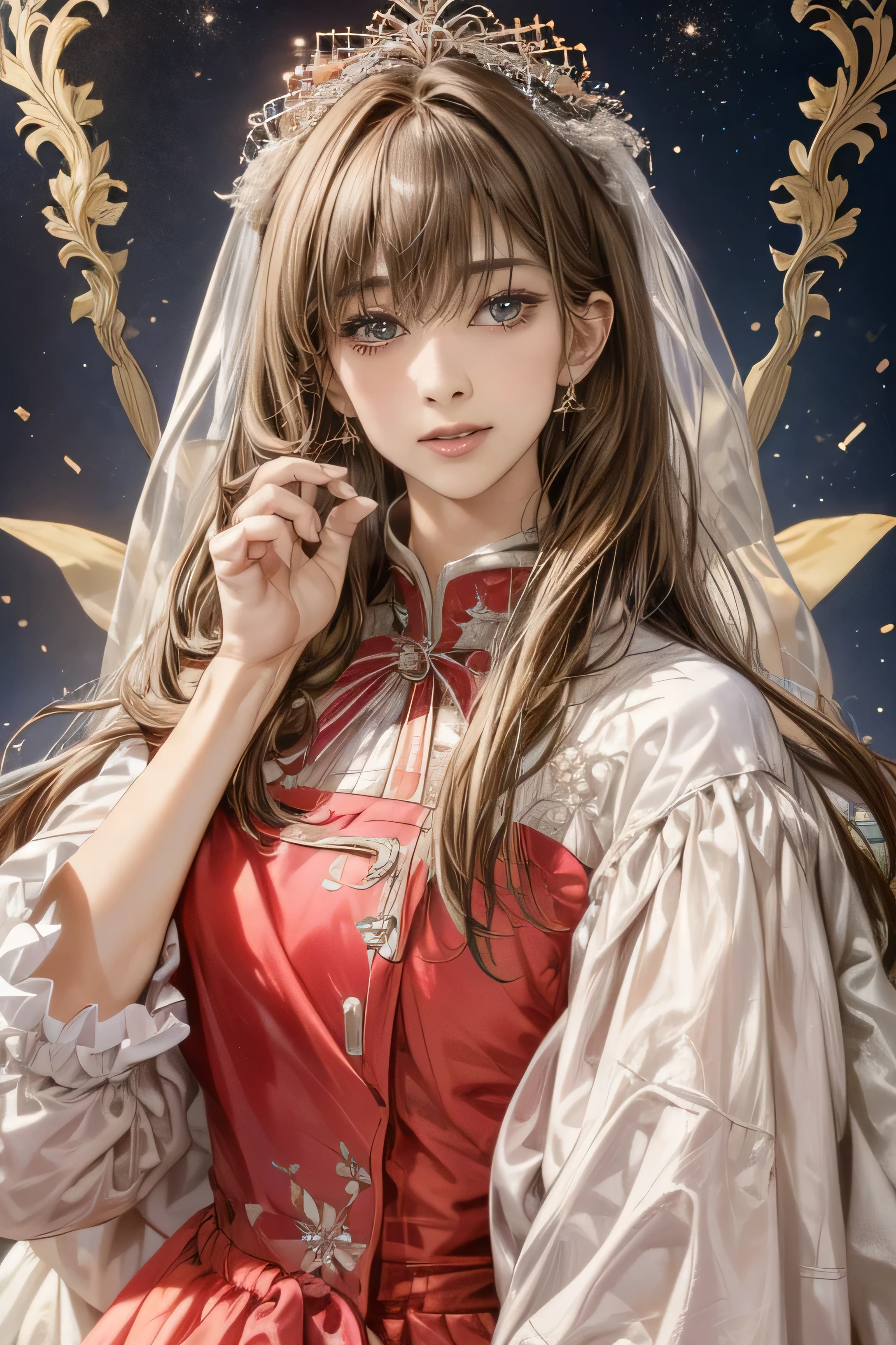 (Highest quality:1.4,masterpiece:1.4),Ultra-high resolution,8k,CG,Exquisite,Upper Body,,Thumb Girl,Little Princess,Taffeta coat dress,Floral Background,Detailed facial features,long flowing hair,Almond Eye,Exquisiteアイメイク,Long, fluttering eyelashes,Sparkling eyes and starry sky gaze,Delicate lip detail,Soft and harmonious style.