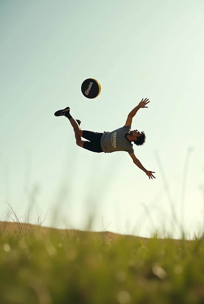Frisbee discraft caught by player flying horizontally