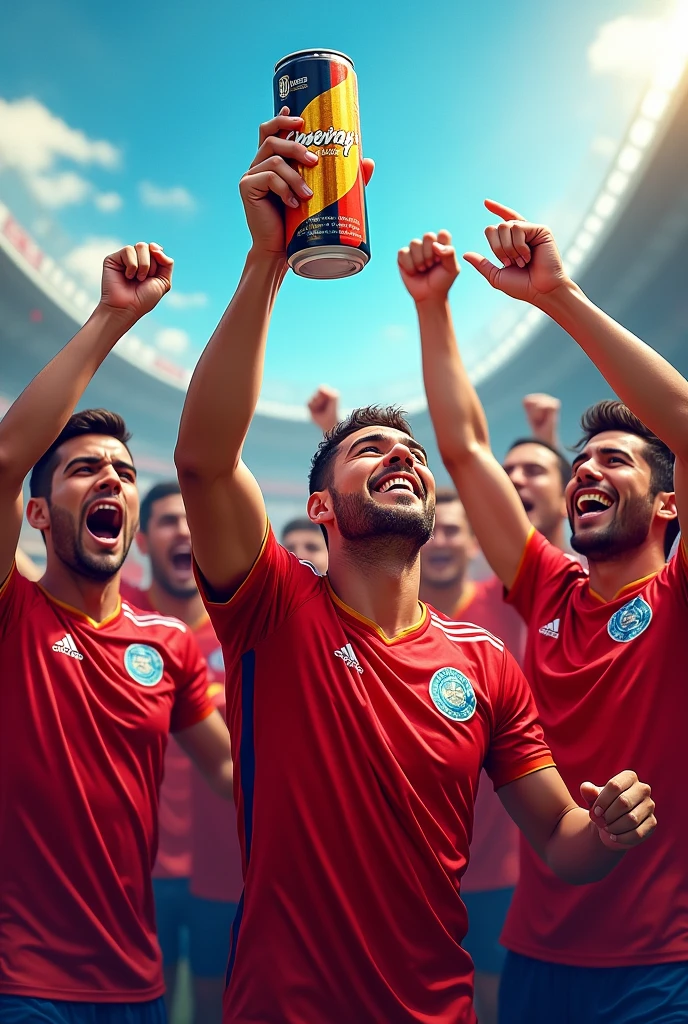 Create Peruvian soccer players holding a can of energy drink with the name Enerzen containing the colors gold, orange, blue and black 