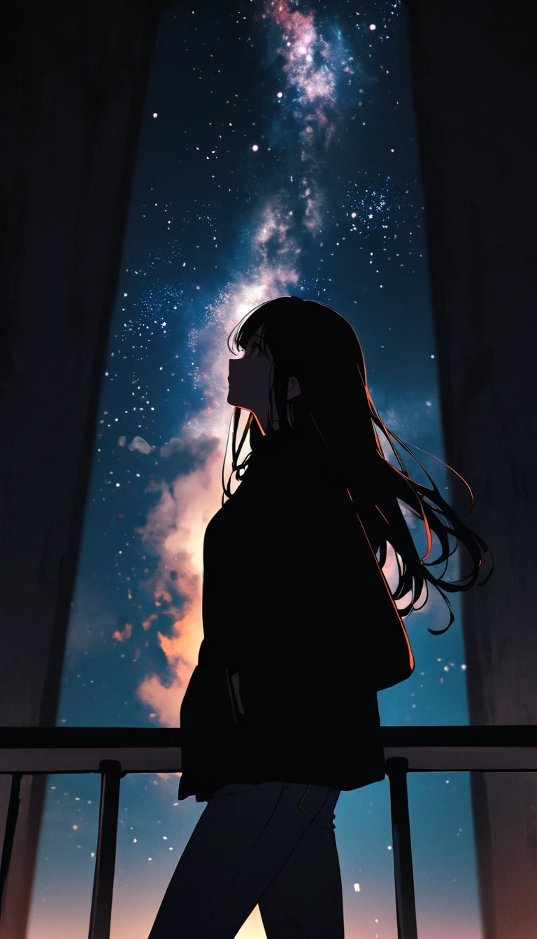 Many stars shine beautifully in the summer night sky., , Silhouette of a young woman with long hair、Put your hands in your jeans pockets、Looking up, Photo taken from a distance, Picture below