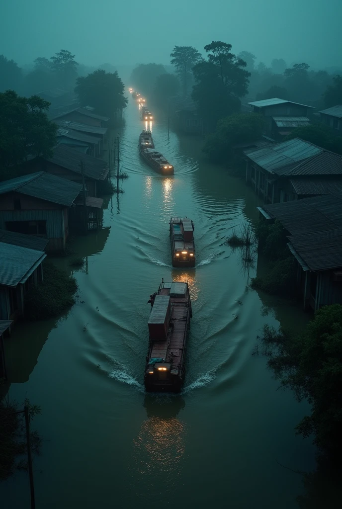 A flooded area of Bangladesh where robbers are attacking to load but there is no light. Drone shots
