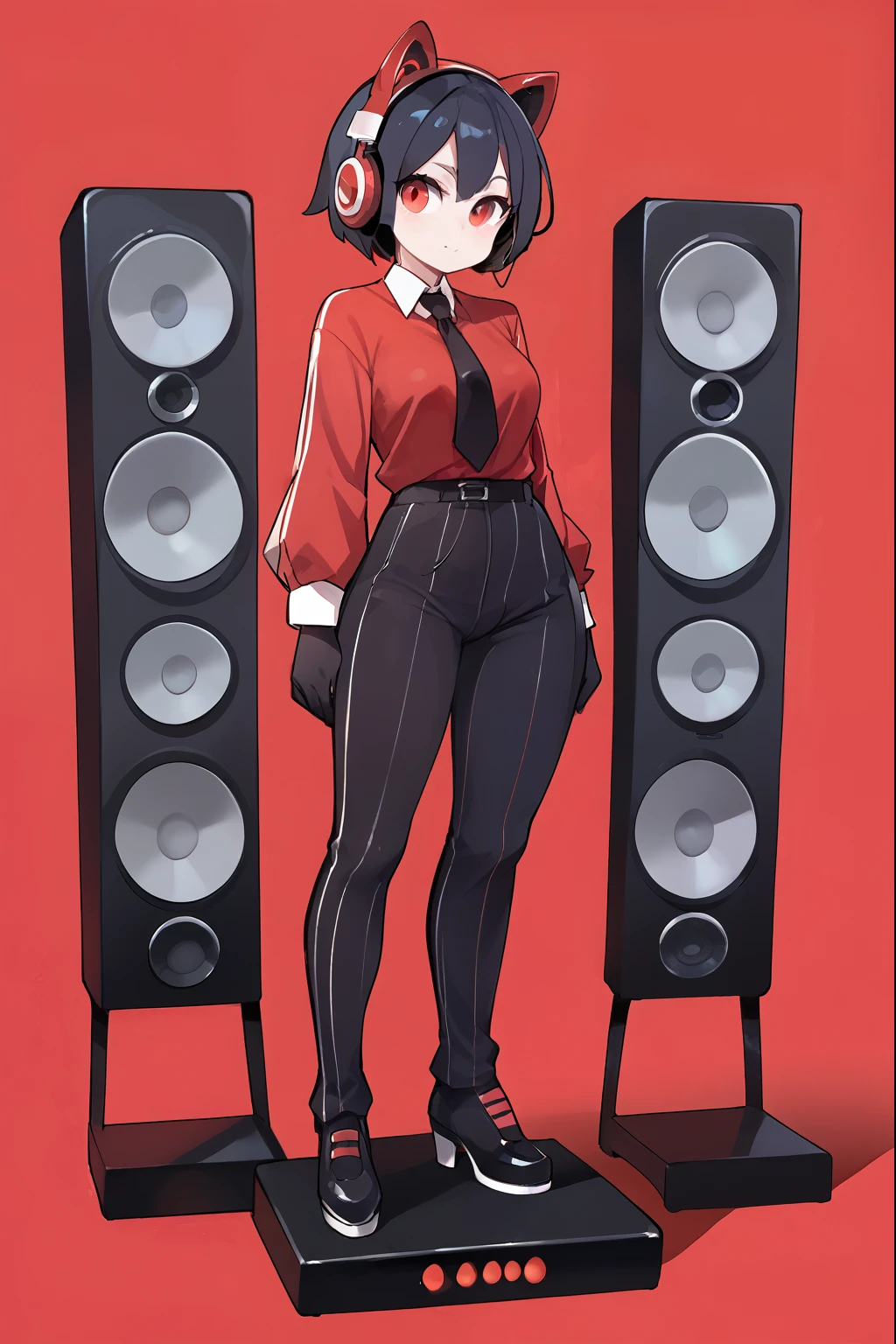score_9, score_8_up, score_7_up, score_6_up, score_5_up, score_4_up, (1girl), (masterpiece, best quality, ultra-detailed), Speaker Woman, humanoid female with a large red speaker for a head, sleek black pinstripe suit, fitted jacket with a tie, long sleeves, form-fitting pants, confident and assertive pose, black gloves, glowing red, vibrant red background, simple lighting, dynamic composition, smooth shading, clean lines, clear focus, full-body view, robot_head_speaker, real human body, robot_head_speaker_woman, Black full body suit elegant with stripes with, Red shirt underneath, robot_head_speaker, red shirt, big headphones, Nyantcha style, GLaDOSSDXL, Glados, mechanical parts, humanoid robot, Short hair,