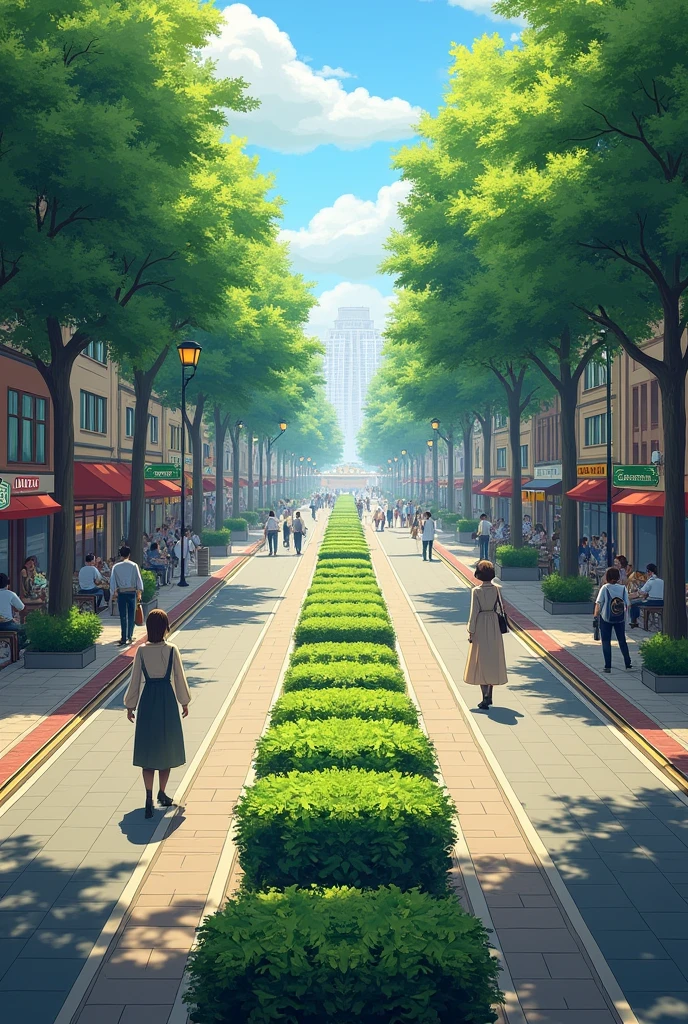 Create a road boulevard on an avenue with bushes in the middle of the one-way road and shops on either side
