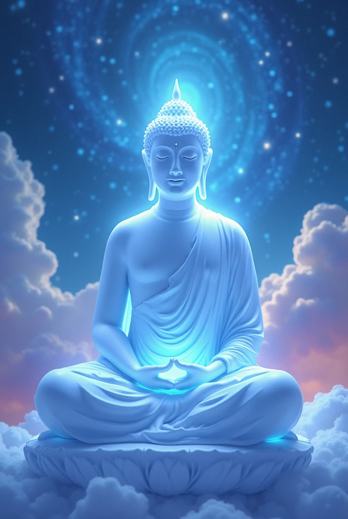 ( perfect anatomy ) Exquisite bright white Buddha statue, kind and compassionate, sitting in meditation in the sky, wide-angle lens shot from bottom to top, tranquil background with vortex, high dynamic rotating stars, clouds, blue and purple, exquisite art, realistic ultra-fine digital art style, blue fluorescent, luminescent, The transparent luminous wide-angle lens shoots from bottom to top, full of fantasy elements and a dreamy, mysterious and magical atmosphere.,Romantic movie shooting master art masterpiece high detail high detail digital art,fantasy art show,Surrealism
