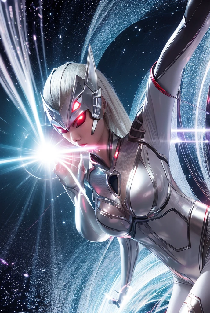 From within the vortex of light、Enter with your fist raised、A female alien with a silver body and red lines、Female Ultraman、The body is transparent
