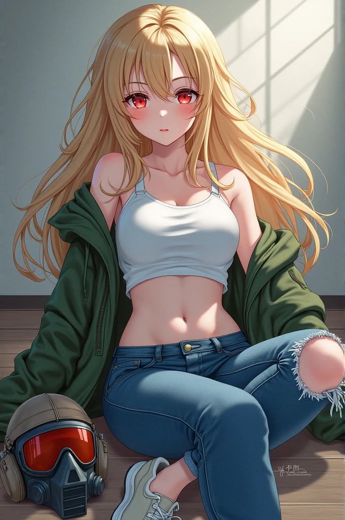 A beautiful Japanese anime girl with blonde hair and smooth pale skin with red eyes she has medium sized chest and wears a white shirt with blue ripped jeans and white Beige sneakers and had a green bomber jacket on with a fighter pilots helmet and oxygen mask beside her