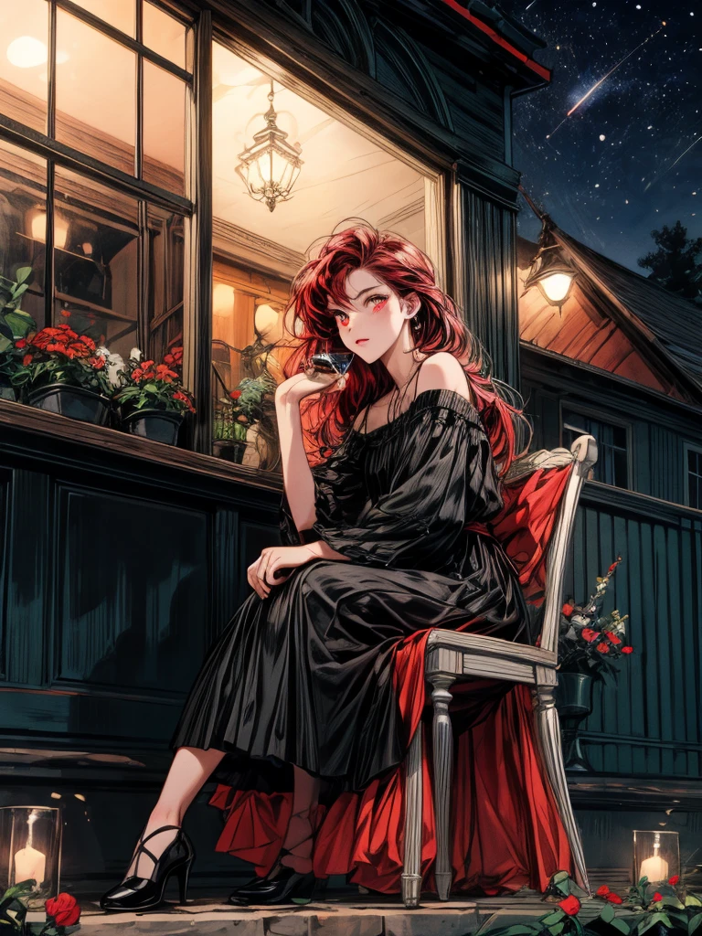 beautiful woman, (((full body))), ((background outdoor house)), (best quality), 1girl, solo A room with glass windows, curtains, a young woman with long black hair, red hair , White eyes with red pupils stare at sky, sitting on a chair, She is sitting and drink wild in front of the house., There are flowers, flower pots, a table, a wine glass, a wine bottle, a lamp, a black cat, Outside the window, there is a dark sky and stars.