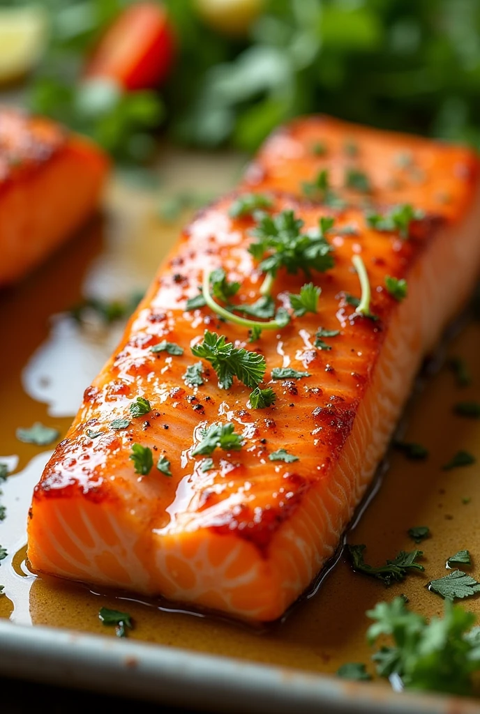 Create an image of this recipe: Baked Salmon with Mustard and Honey Ingredients:

- Salmon fillets: 200 g - Dijon mustard: 10 g - Honey: 10 g - Garlic: 10 g - Olive oil: 10 ml
- Sal: 5 g - Pepper: 2 g Preparation:

1. Preheat the oven to 200°C.

2. In a small bowl, Mix the mustard, honey and minced garlic.

3. Season the salmon fillets with salt and pepper., and spread with the mustard and honey mixture.

4. Place the fillets on a baking sheet and bake for 15-20 minutes., until the salmon is cooked.

5. Serve hot with a side of vegetables or salad..
