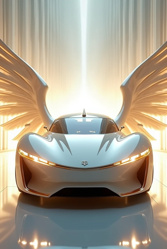 A white vehicle with gold details, stylized wings on the sides, to match the angelic theme. Bright headlights and a heavenly sound when accelerating.