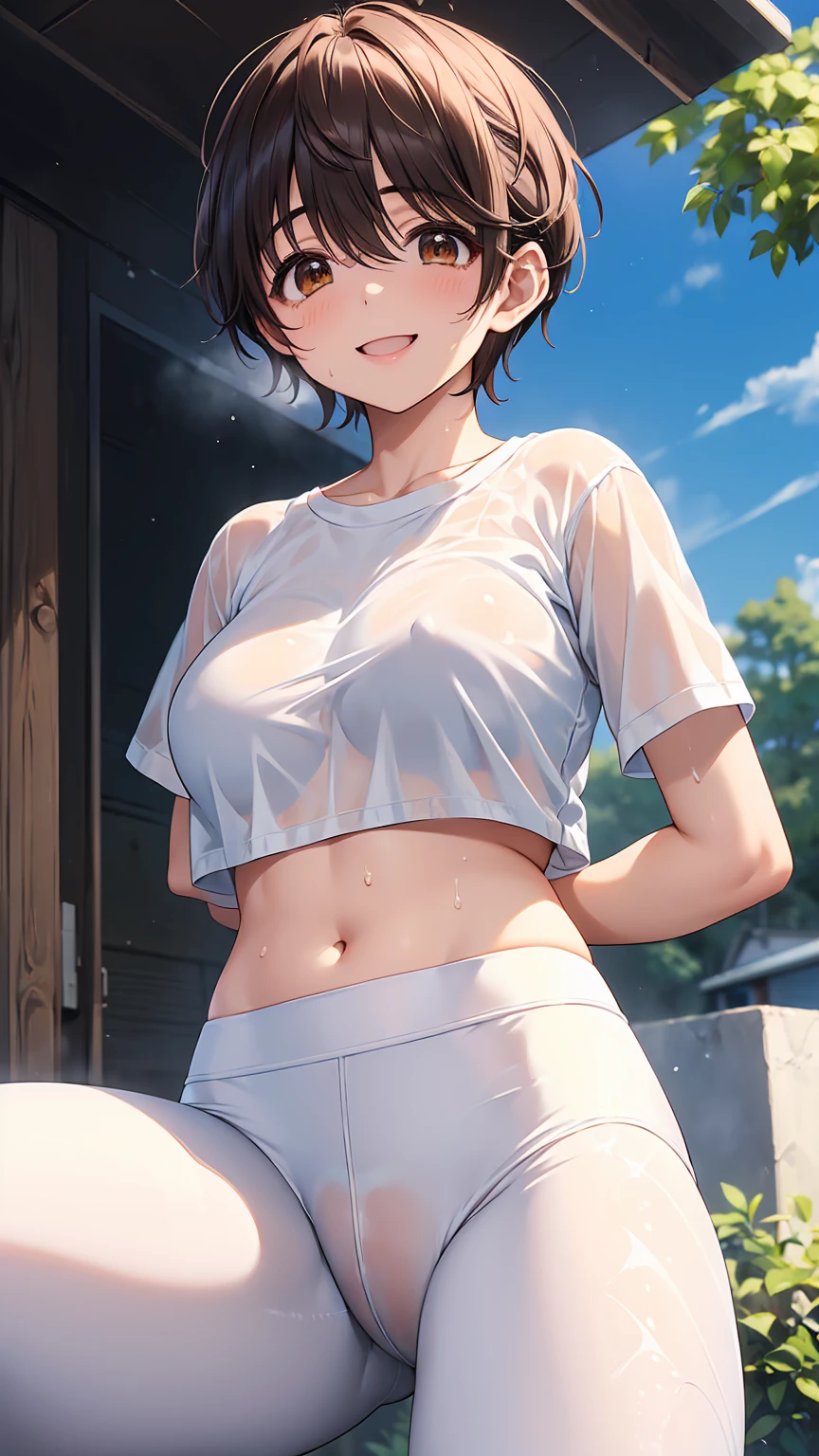 16K、masterpiece、High resolution、((Shizuku Oikawa))、Very large breasts、(((White short-sleeved sporty shirt)、((White mesh sports leggings))、((Place your arms behind your back))、A cheerful smile、smile、Angle from below、、Sweating profusely、(The crotch is see-through with sweat、No underwear、No bra、Wearing sanitary napkins)、