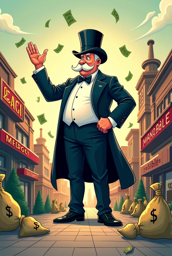 create a drawing that represents the concept of a monopoly market, make it smart, cartoonish, and capture what monopoly means