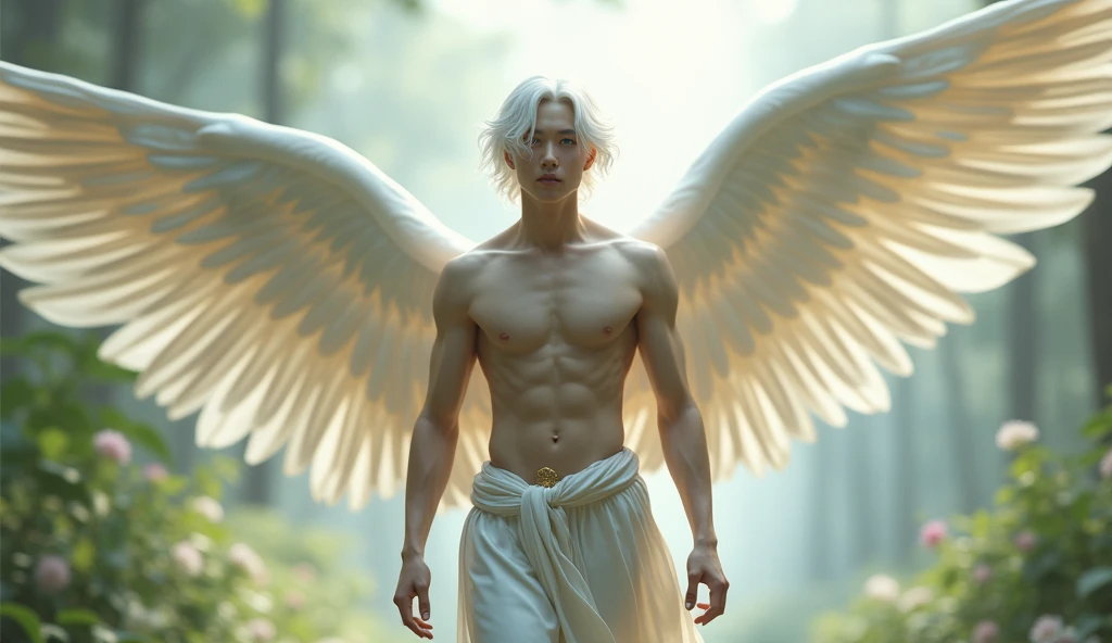 A gentle, white-winged male Asian feature albino angel (simple design) - Soft colors, with a subtle glow, white wavy 8" hair, white skin, purpled color eyes, most handsome masculine male angel, 11'0" tall, white and gold large wings, built-in gold armor on chest and arms, large muscular biceps, large thighs, chiseled ads, define jawline, pearl white lower garment, 32K UHD, masterpiece, best quality, style raw, walking through an enchanted garden of Eden. - Ethereal background, with a subtle texture, naked chest, lined with gold, Large white and Gold wings. the angel is a man