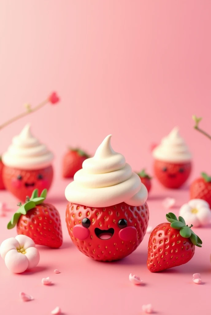 Animated strawberries with cream on pink background