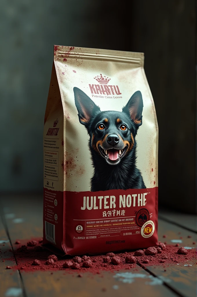 Create a dog food package, but on the label subtly put human skulls, or anything that makes it clear that dog food is made with human flesh 
