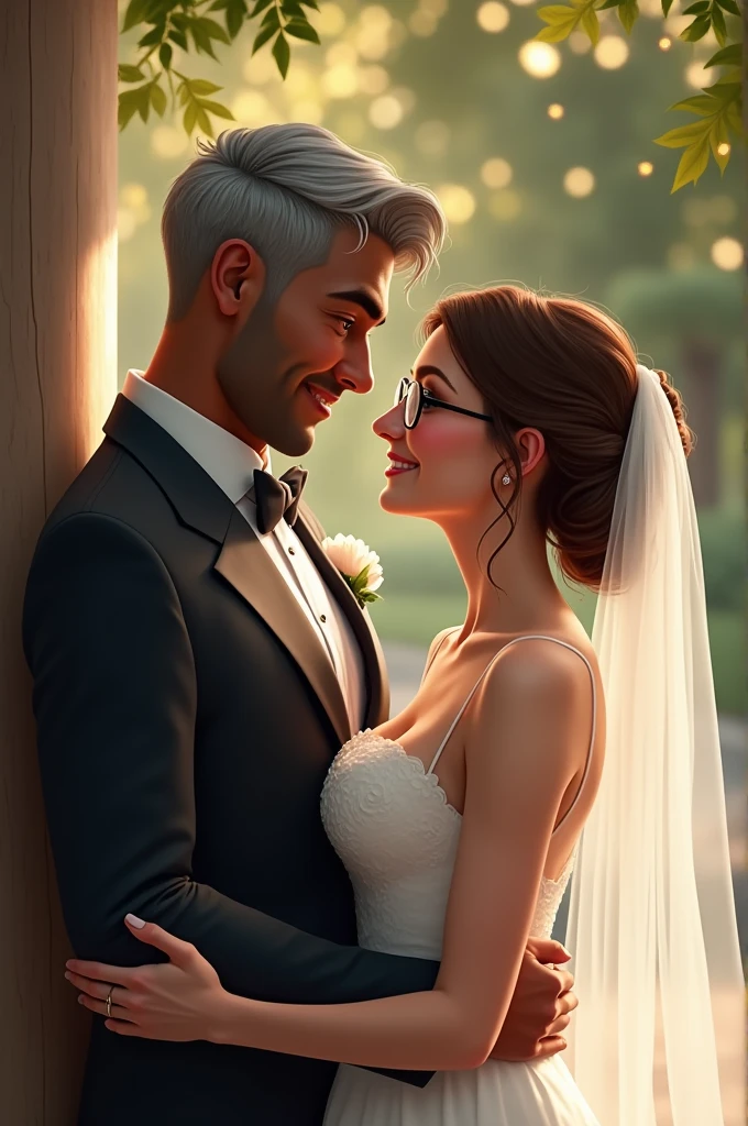 Imagine a couple in love , a man with gray hair and brown eyes , dark skin and big mouth measuring one meter seventy and a woman with brown hair and blue eyes wearing glasses dressed as a bride and groom the man dressed as a groom and the woman dressed as a bride , woman measuring one meter and sixty
