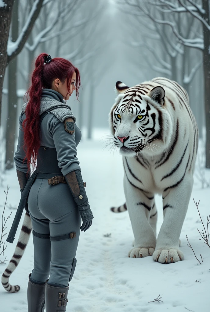 Woman with dark red hair, green eyes with yellow, wearing gray fighting gear, in a snowy white forest, facing a white tiger