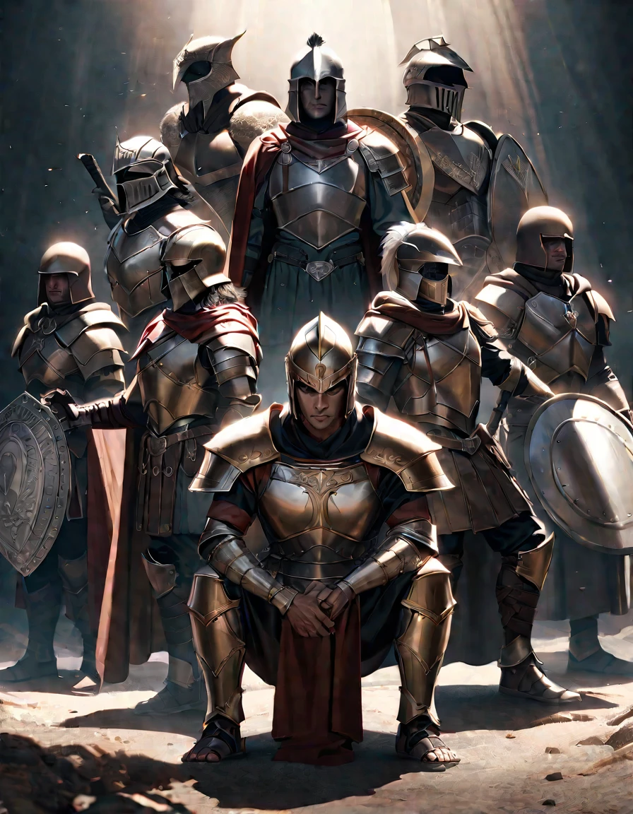(roman inspired spartan, strong, willful, youthful, tall), ((lorica segmentata armor)), ((4th-century western roman inspired armor, dull metallic tone, dull metallic color, roman cape)), hope, ((iconic Roman inspired armor, Galea helmet, Lorica musculata breastplate, simple armor, simple armor design)), ((scutum shield, tower shield, roman shield, roman turtle formation)), ((Full body portrait)), ((Roman inspired warrior)), (simple roman soldier), (4th century armor), photorealistic, hyperrealistic, 8k, high quality, cinematic, dramatic lighting, fantasy, uplifting atmosphere, intricate details, angelic, holy, mysterious, savior, peaceful, foreboding, calming, chiaroscuro, dramatic shadows, dramatic highlights