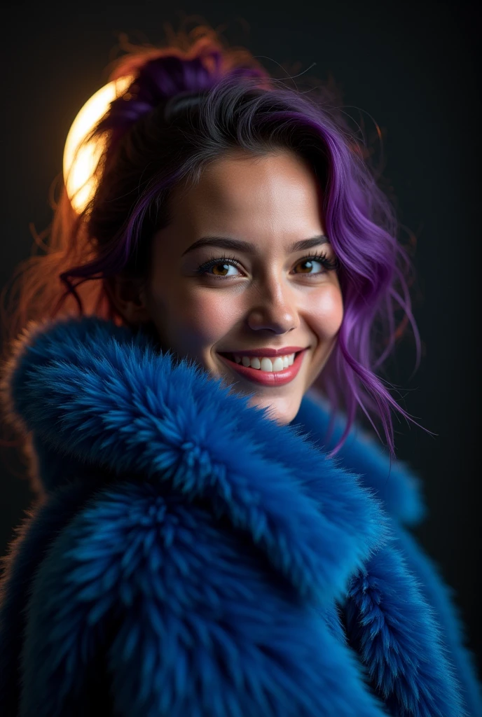 naughty sexy fashion girl, professional, portrait photography, the face looks straight ahead, studio light from above and backlight from behind the head, cute girl (Sharp Focus:1.3), rejoices like a child, there is a very nice smile on the face, very detailed, beautiful detailed face, dark purple hair, --Detailing, whole body, a lot of femininity, blue fur coat, Tempting, Dazzling, Black background, Backlight, installed behind the model, illuminates the back of the head and creates a frame around the head, highlighting the silhouette of the poser against the background